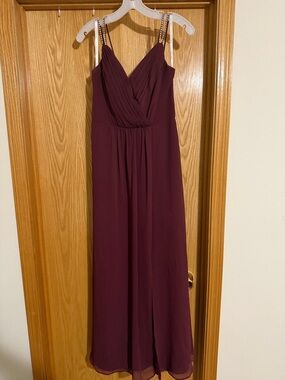 David's Bridal Burgandy V-Neck Spaghetti Strap Maxi Dress